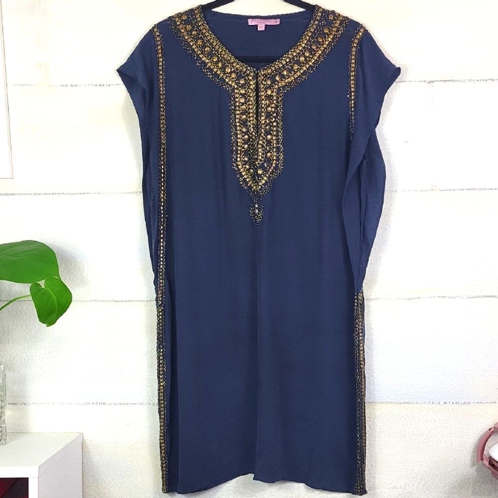 CALYPSO 100% silk Navy Blue Tunic Dress with Gold Embellishments. Size M‎